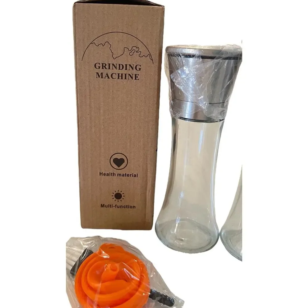 Salt & Pepper Grinder Set NEW IN BOX Clear Glass Containers Silver Top